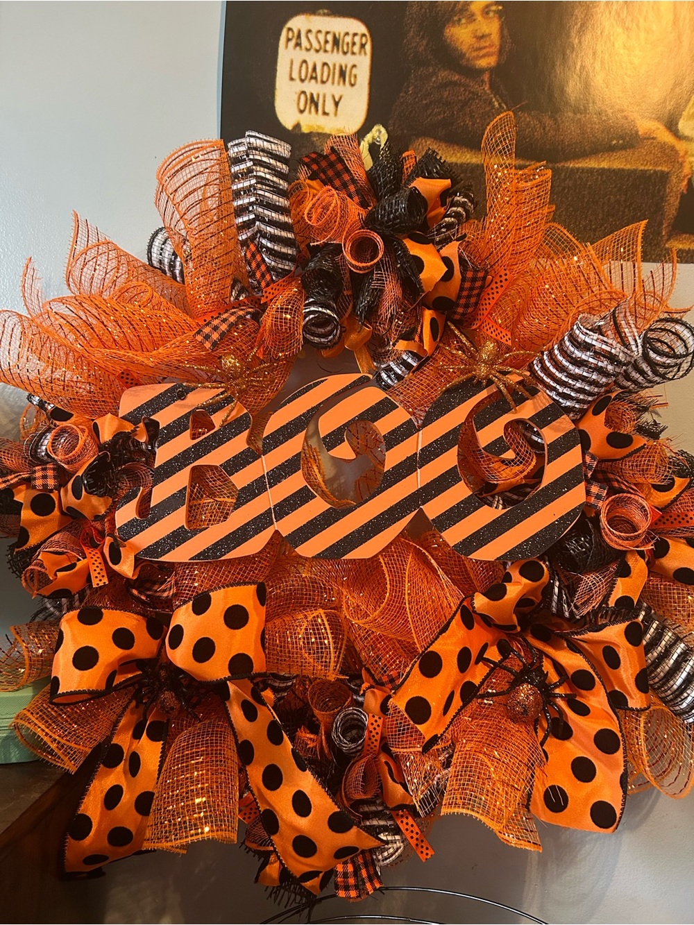 Hand Crafted Orange and Black Halloween 'BOO' Wreath